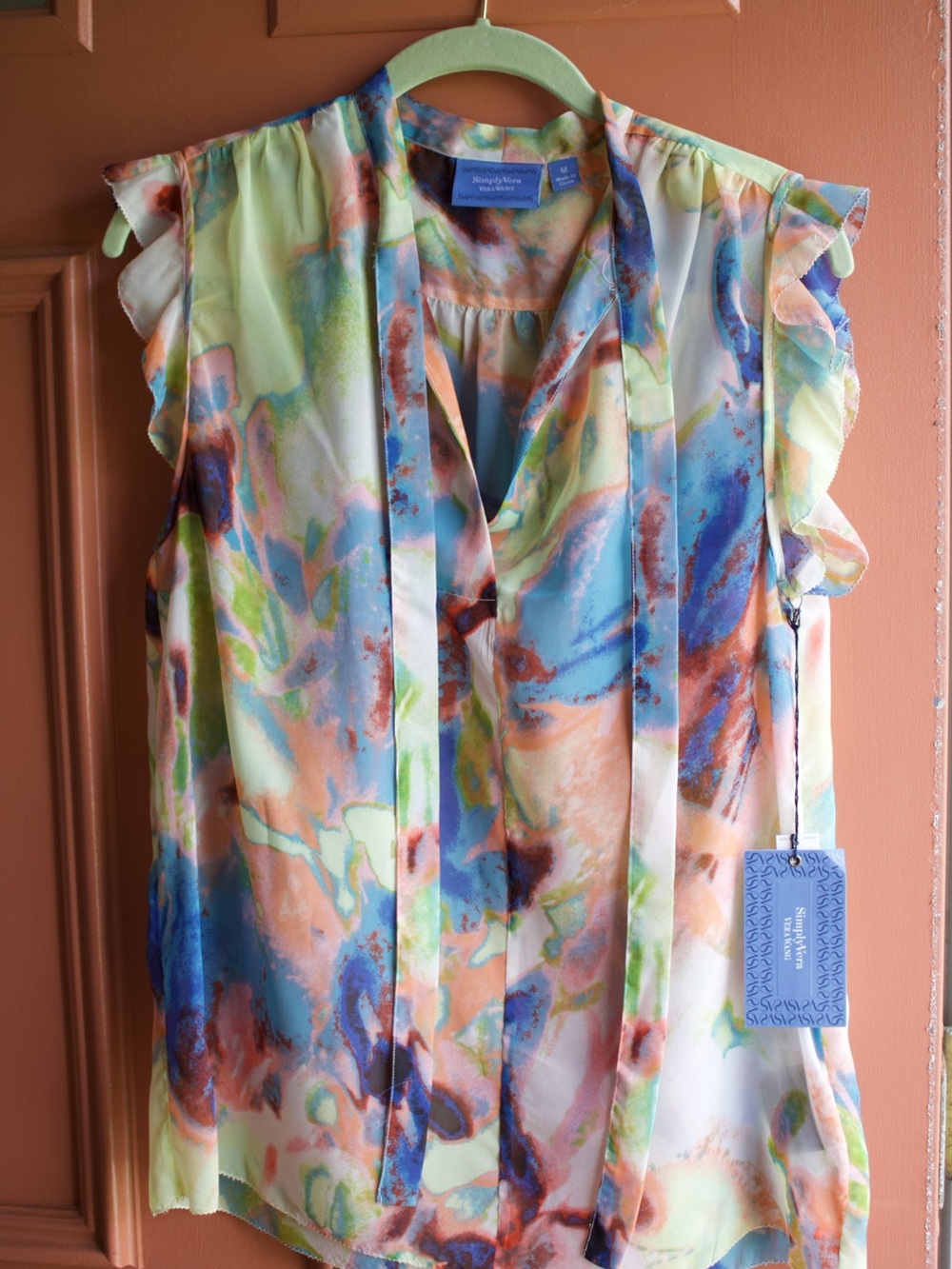 Vera Wang Multicolor Watercolor Tie-Neck Blouse - Blue/Peach/Green